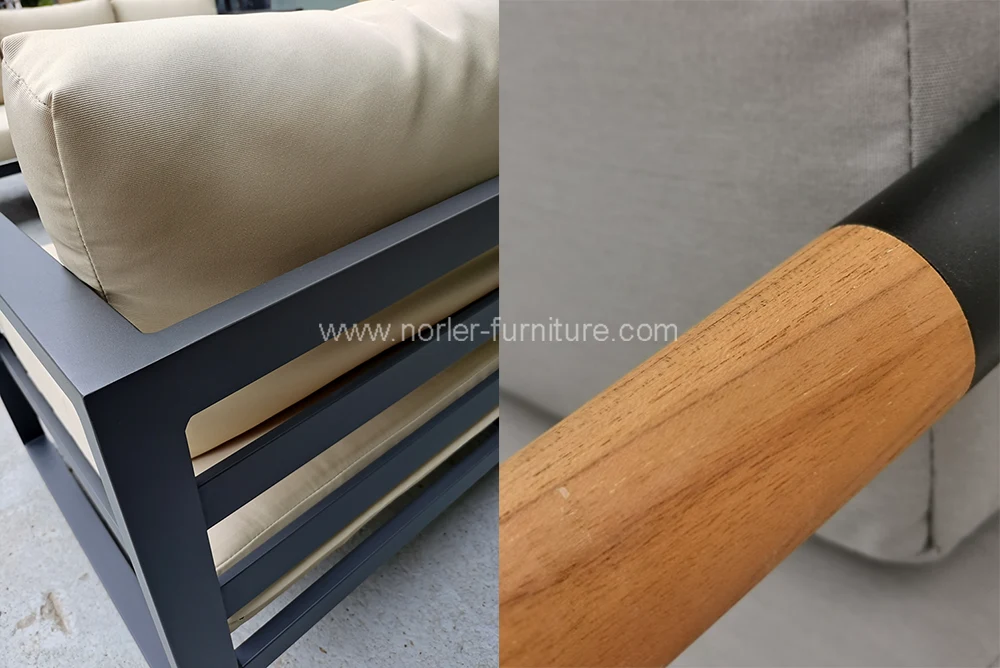 Durable Aluminum Frame Teak Wood Armrest Outdoor Sofa