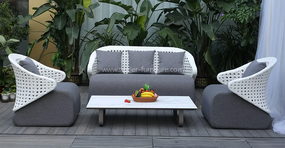 Outdoor Aluminum Frame White Hand Woven Rattan Backrest Sofa