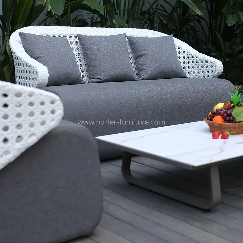 Outdoor Aluminum Frame White Hand Woven Rattan Backrest Sofa